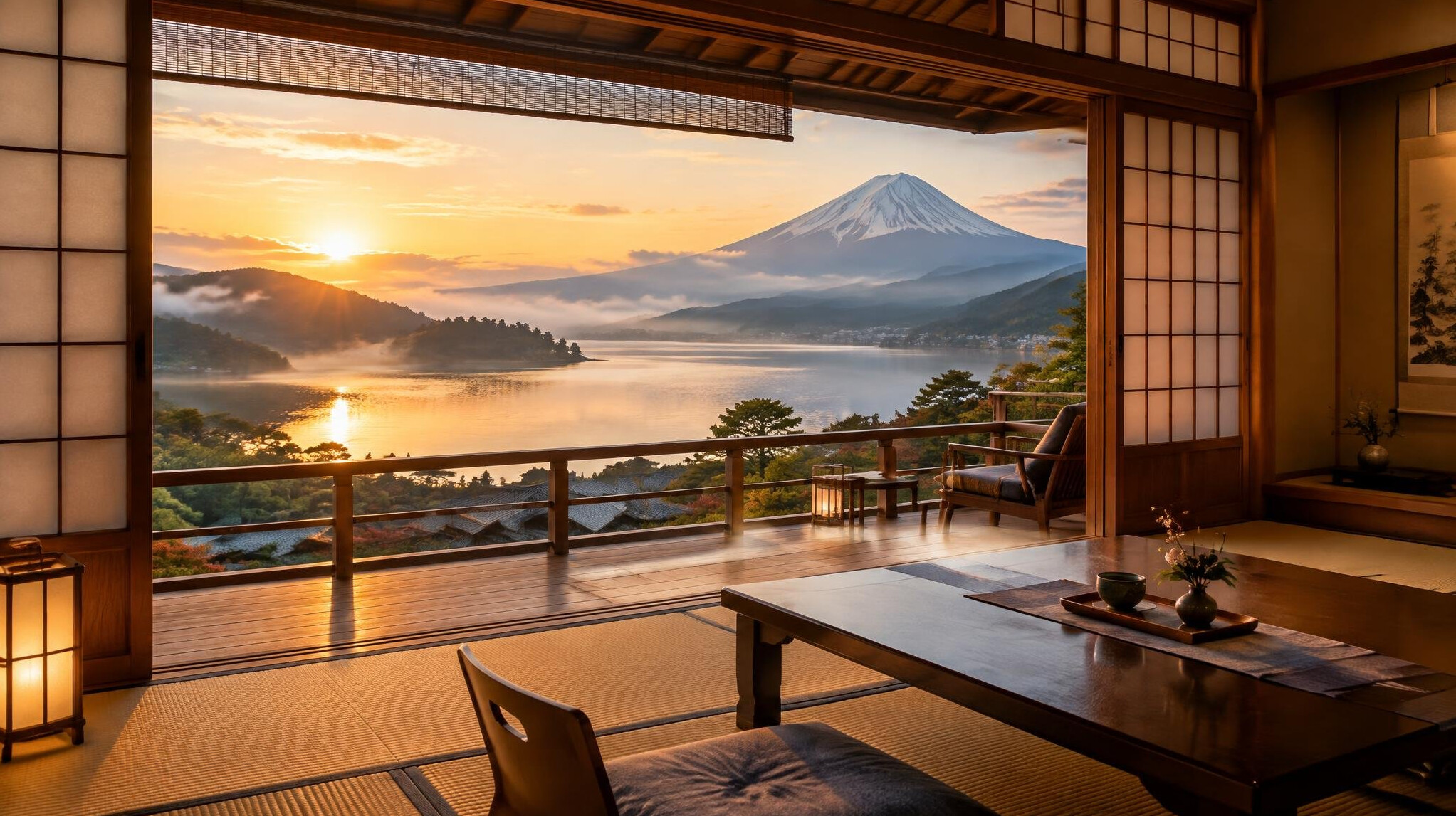 Ryokan balcony overlooking misty mountains and Mount Fuji at sunset