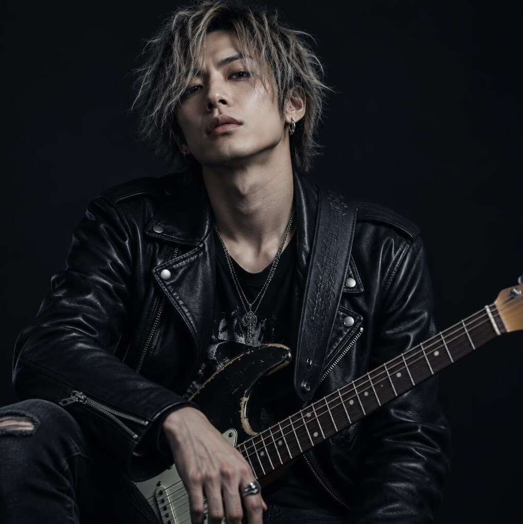 Japanese male rock musician with guitar