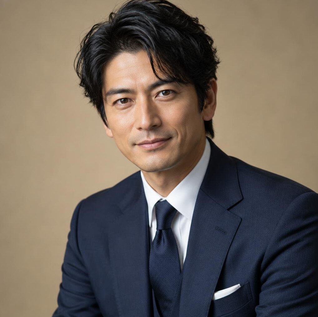 Japanese male actor in a suit smiling confidently