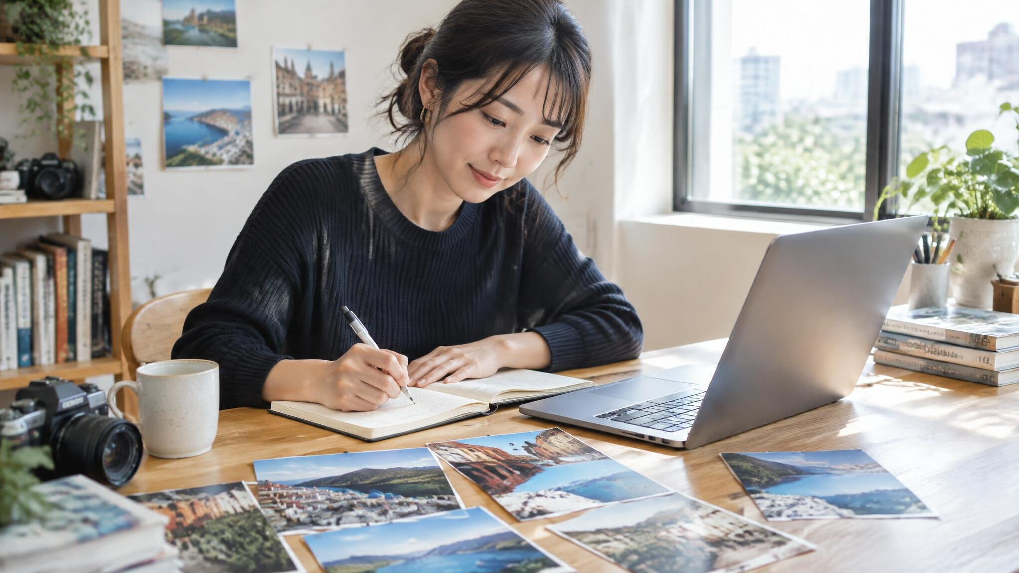 Japanese woman writing notes at a desk with a laptop